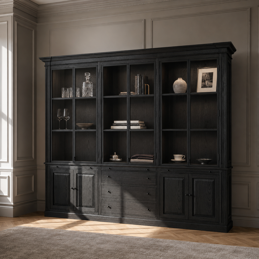 Display Cabinet Vincester Triple - 6 Glass Panel Doors - Solid Black Oiled Oak