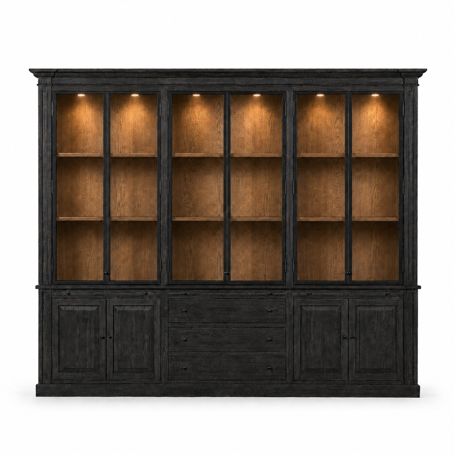 Display Cabinet Vincester Triple - 6 Glass Panel Doors - Solid Black Oiled Oak