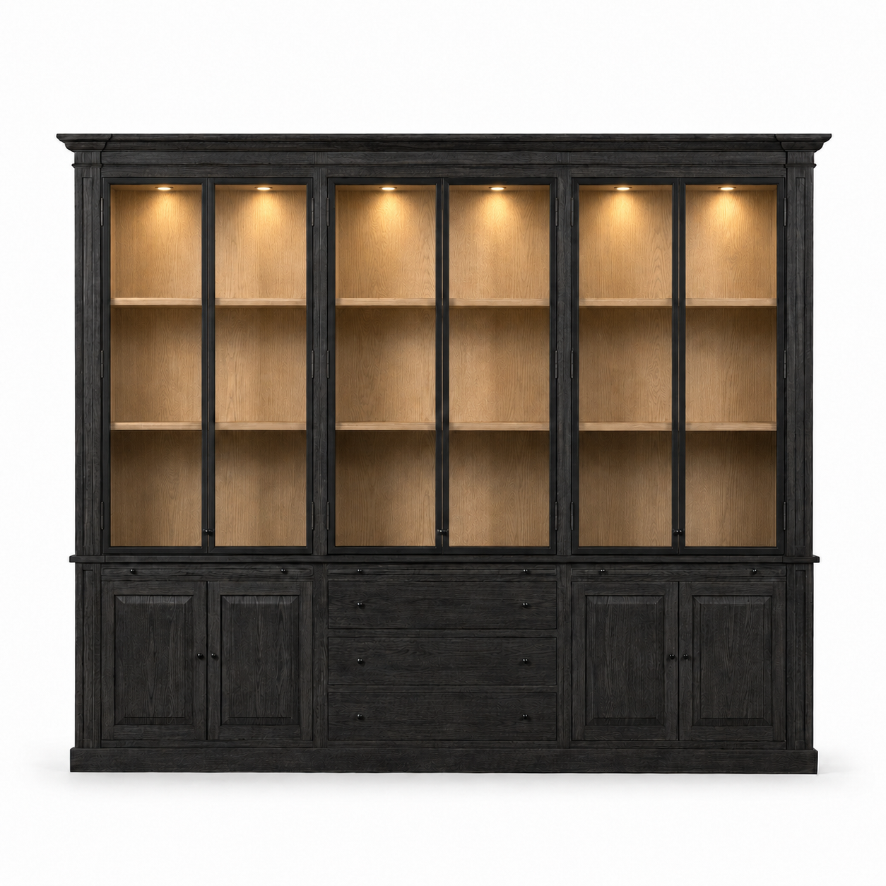 Display Cabinet Vincester Triple - 6 Glass Panel Doors - Solid Black Oiled Oak