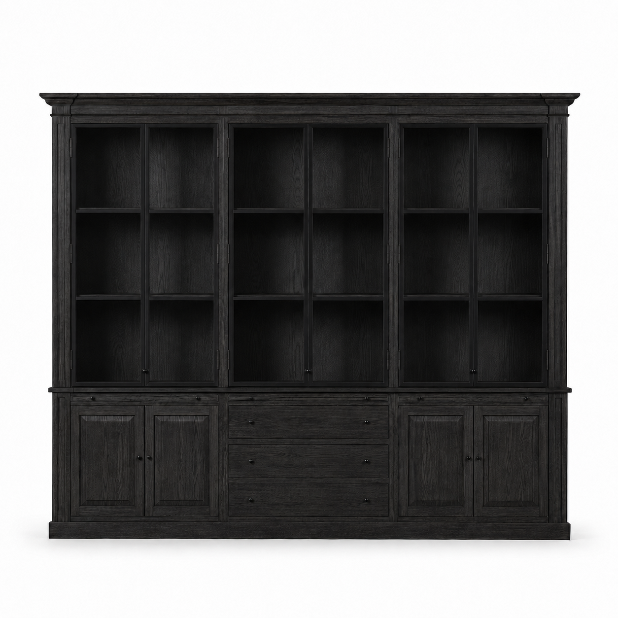 Display Cabinet Vincester Triple - 6 Glass Panel Doors - Solid Black Oiled Oak