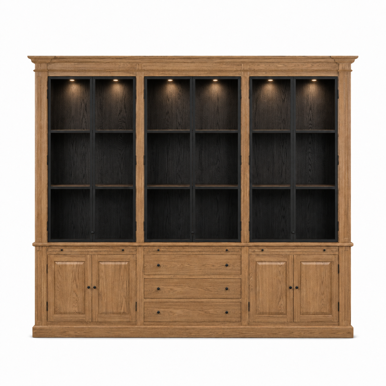 Display Cabinet Vincester Triple - 6 Glass Panel Doors - Solid Hoboken Oiled Oak
