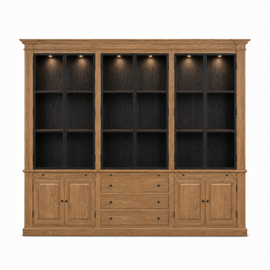Display Cabinet Vincester Triple - 6 Glass Panel Doors - Solid Hoboken Oiled Oak