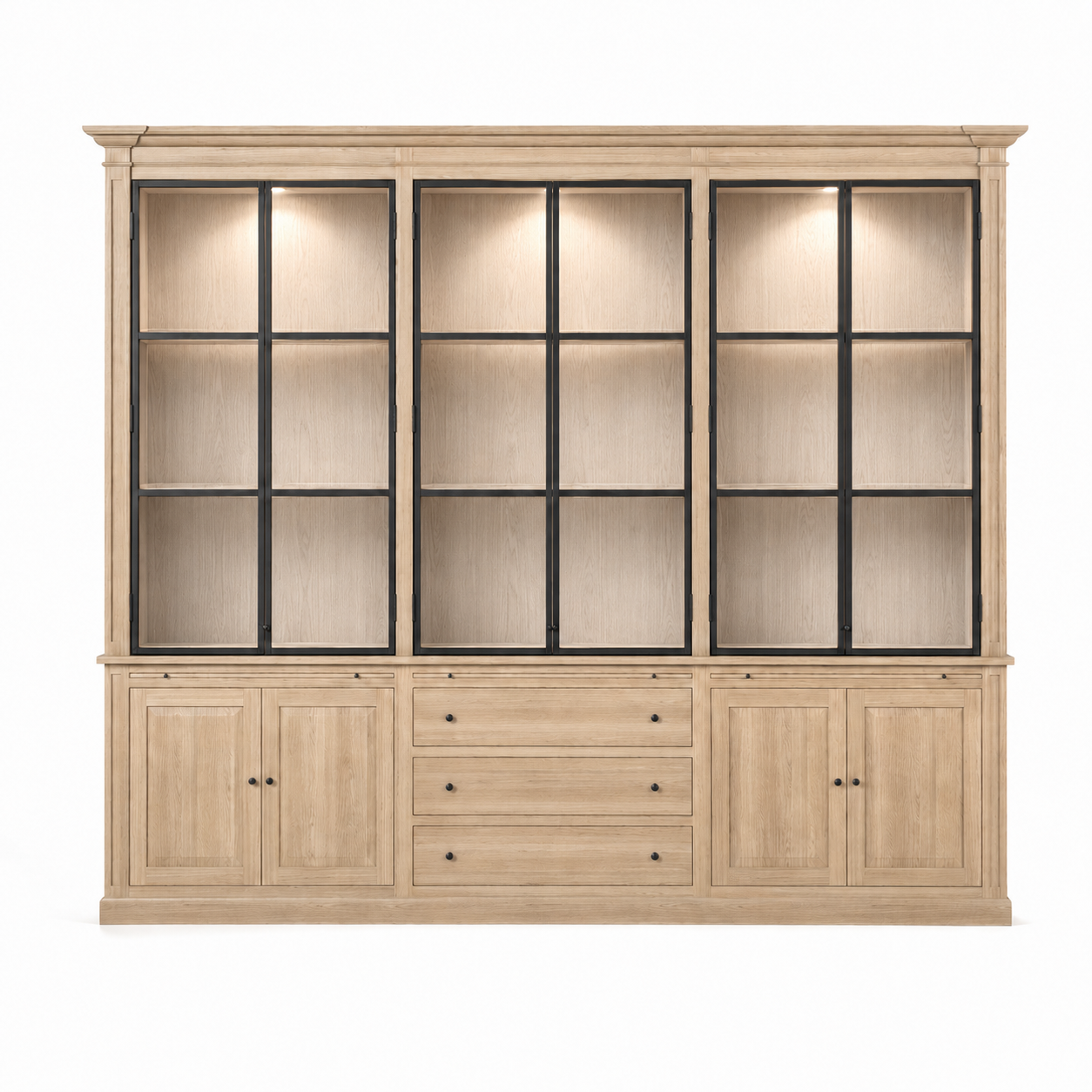 Display Cabinet Vincester Triple - 6 Glass Panel Doors - Solid Natural Oak