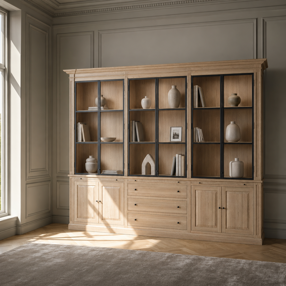 Vetrina Vincester Triple - 6 Ante a Pannello in Vetro - Rovere Massello Naturale