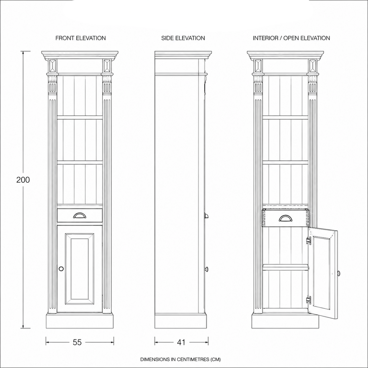 Dimensioned line drawing of the Westcott bathroom storage cabinet, 55 x 41 x 200 cm, three elevations