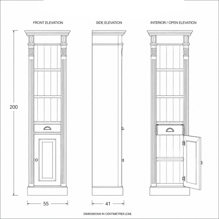 Dimensioned line drawing of the Westcott bathroom storage cabinet, 55 x 41 x 200 cm, three elevations