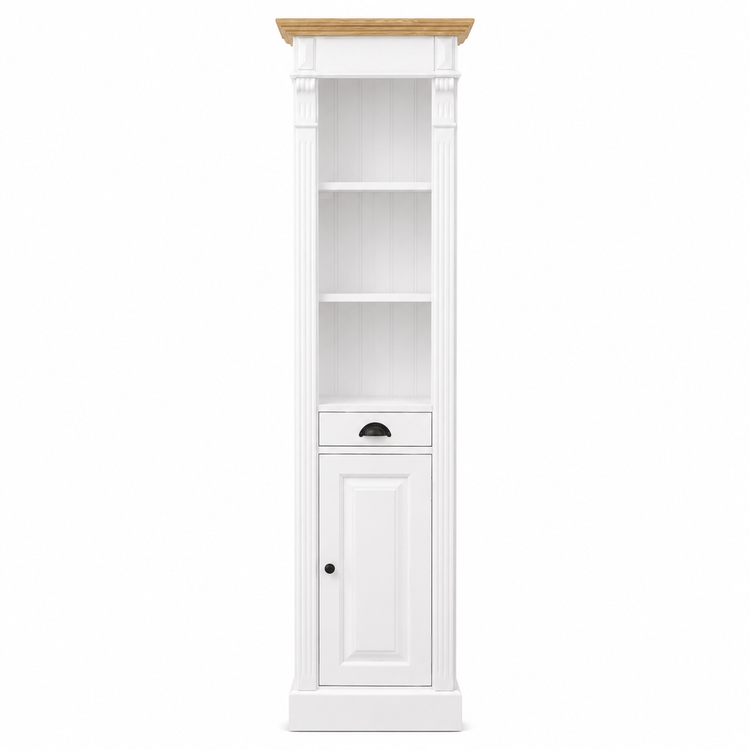 Classic white painted Westcott bathroom storage cabinet with natural oak top, 200 cm tall, front view