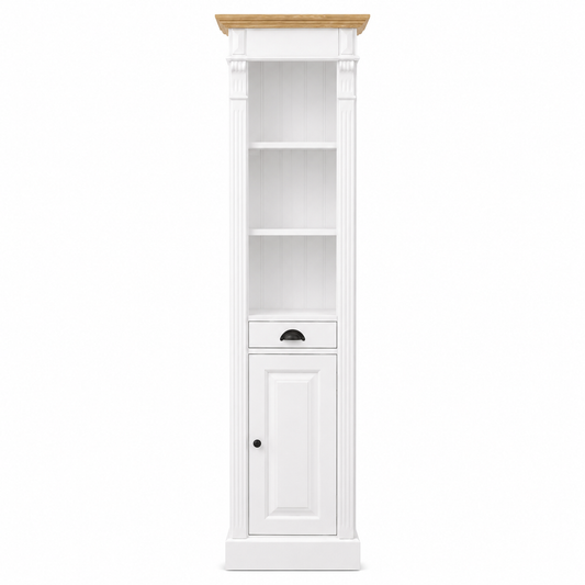 Classic white painted Westcott bathroom storage cabinet with natural oak top, 200 cm tall, front view