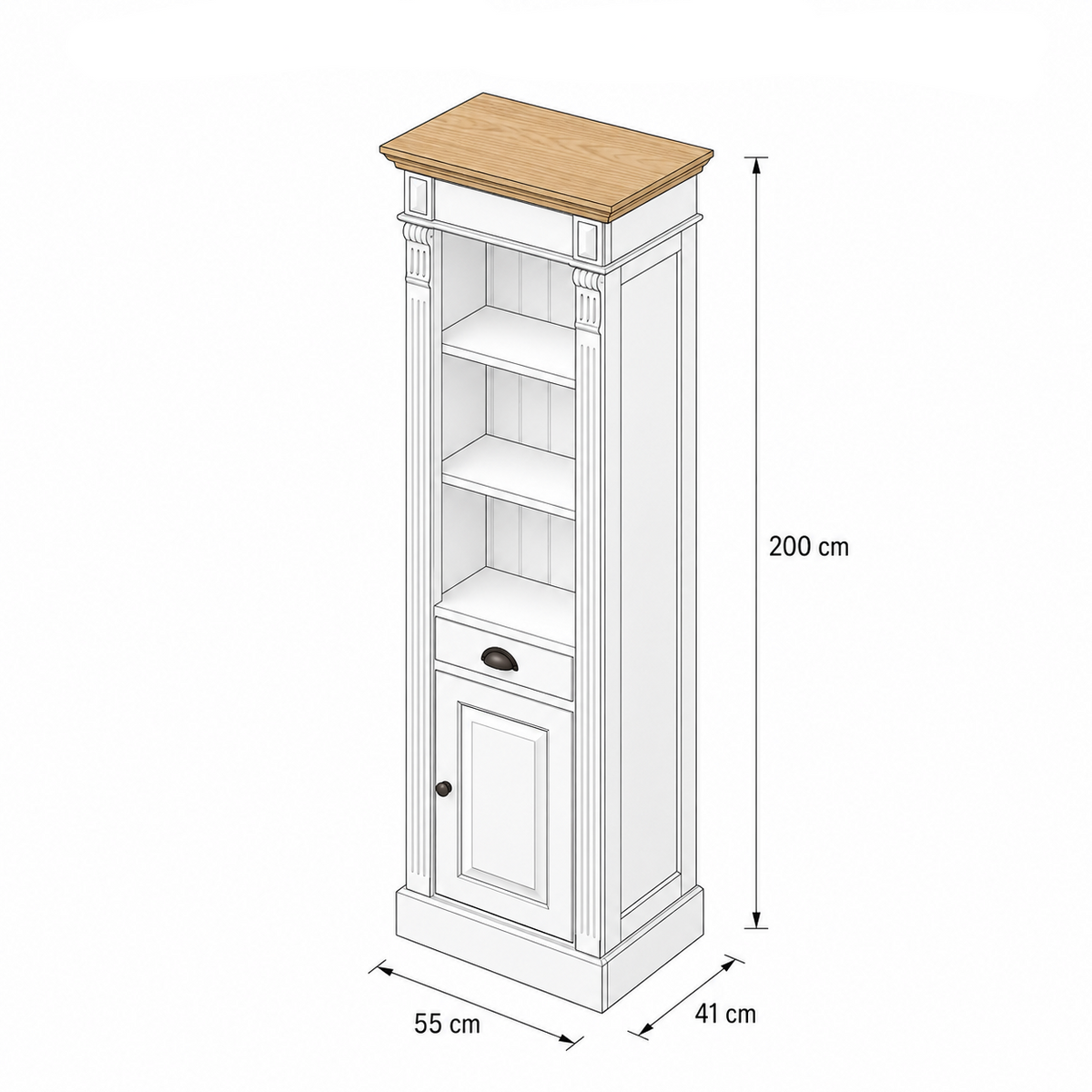 Perspective dimension drawing of the Westcott bathroom storage cabinet, 55 x 41 x 200 cm