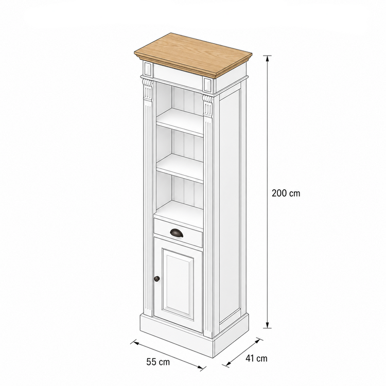 Perspective dimension drawing of the Westcott bathroom storage cabinet, 55 x 41 x 200 cm
