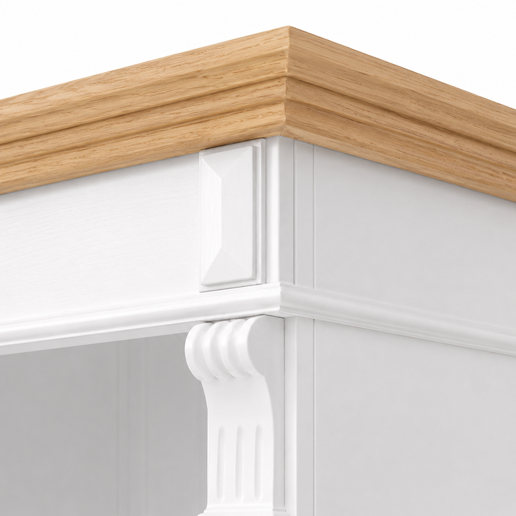 Close-up of natural oak top cornice and carved white capital detail on the Westcott bathroom cabinet