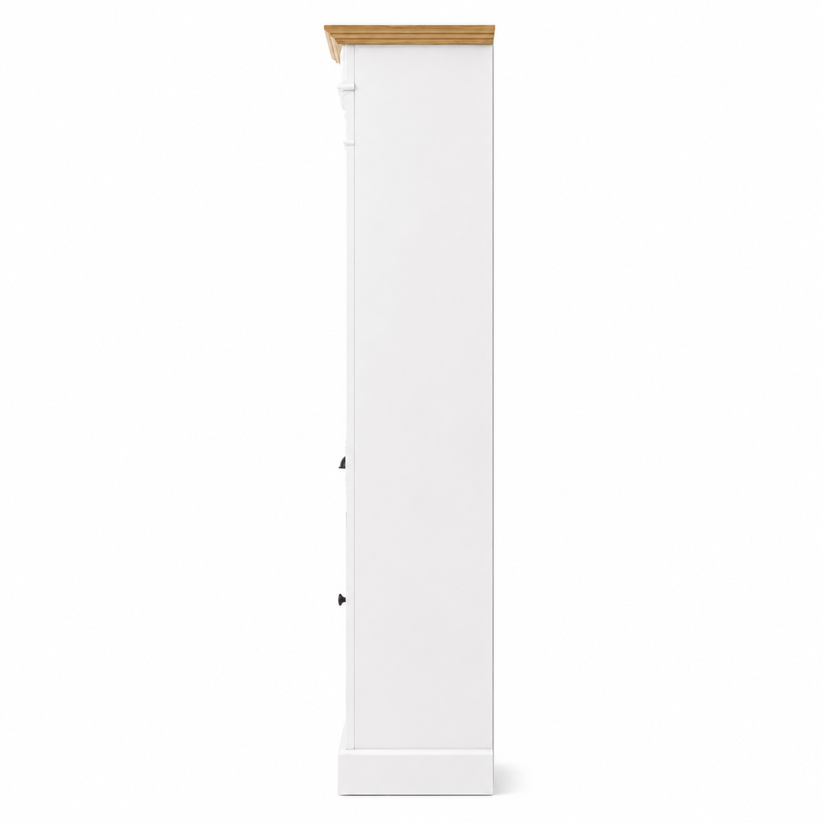 Classic white Westcott bathroom storage cabinet with oak top, 41 cm deep, side profile view