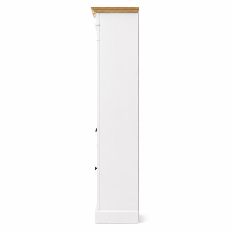Classic white Westcott bathroom storage cabinet with oak top, 41 cm deep, side profile view