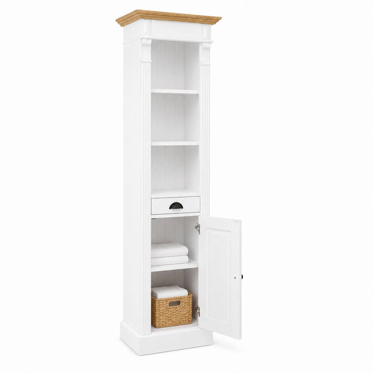 Classic white Westcott bathroom cabinet, open cupboard door revealing folded towels and woven storage basket