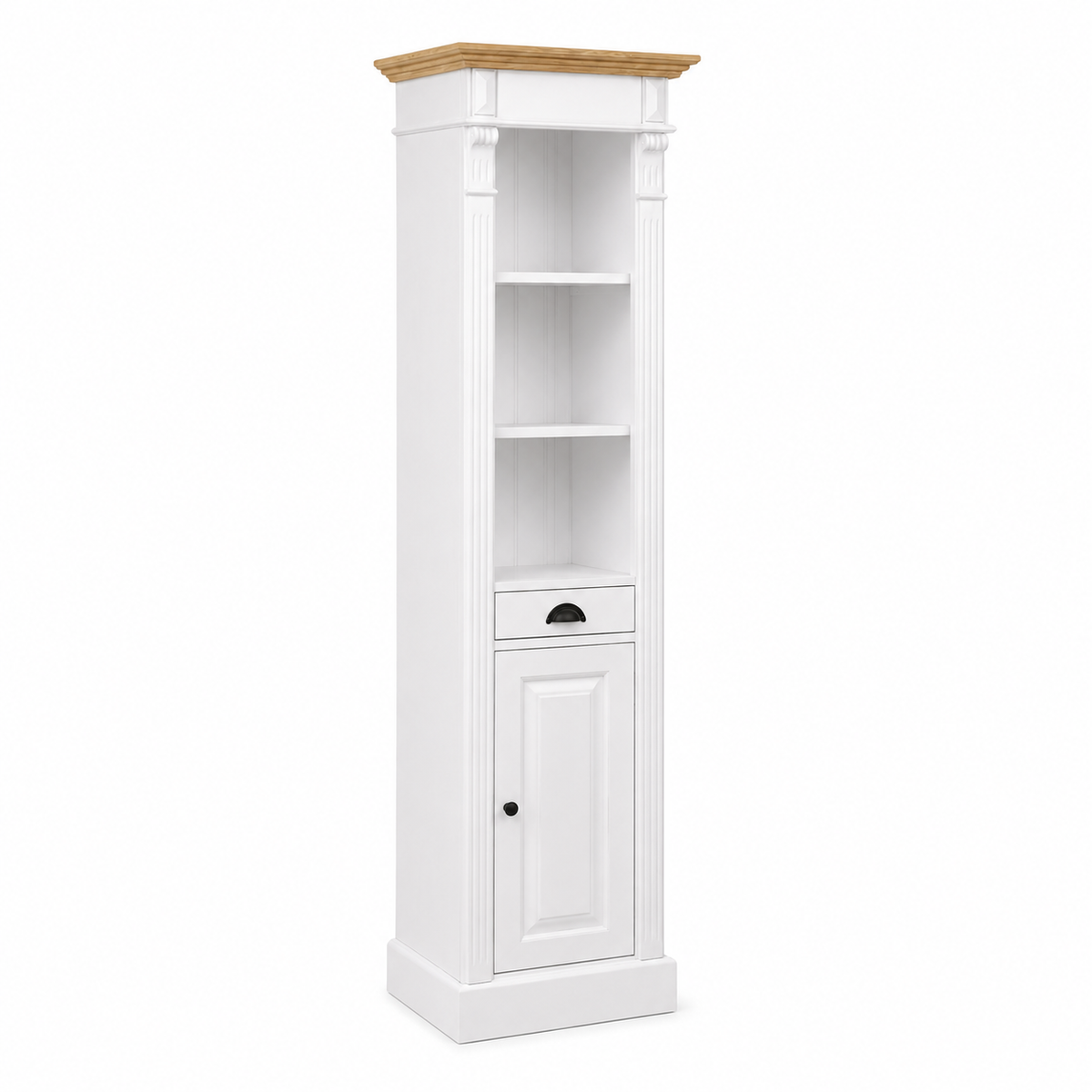 Classic white Westcott bathroom cabinet with fluted pilaster columns and oak top, angled three-quarter view