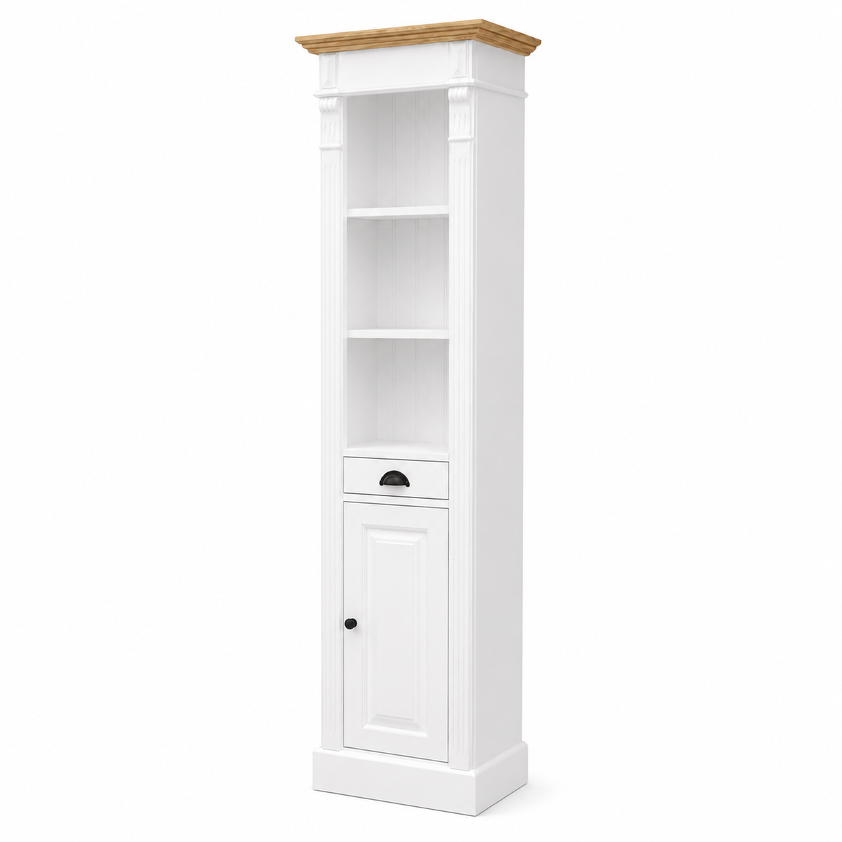 Classic white Westcott bathroom cabinet showing two open display shelves, drawer and cupboard, angled view