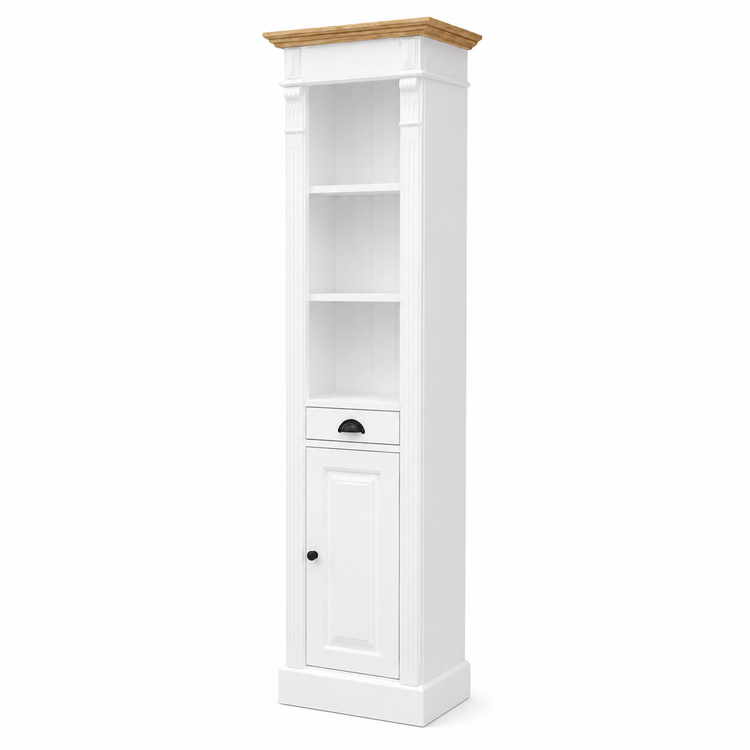 Classic white Westcott bathroom cabinet showing two open display shelves, drawer and cupboard, angled view