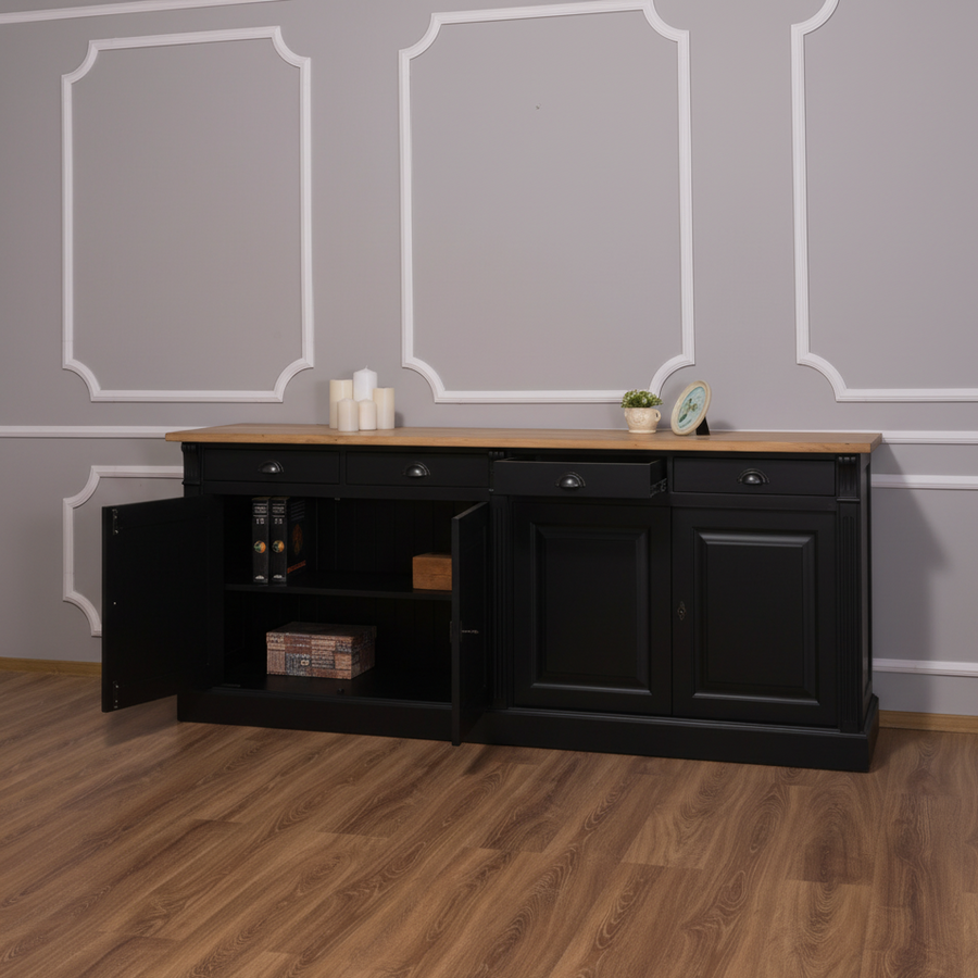 Wexford Buffet bas – Massif Chêne Top and Noir Base | Classique 4-Porte Armoire de rangement