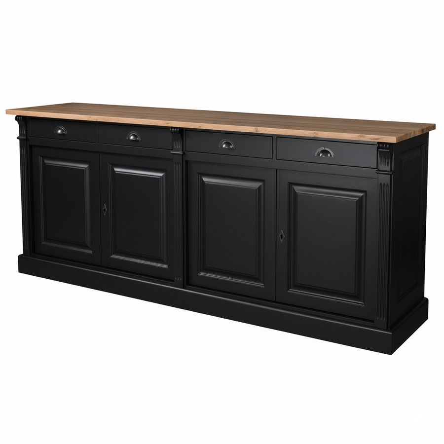 Wexford Buffet bas – Massif Chêne Top and Noir Base | Classique 4-Porte Armoire de rangement