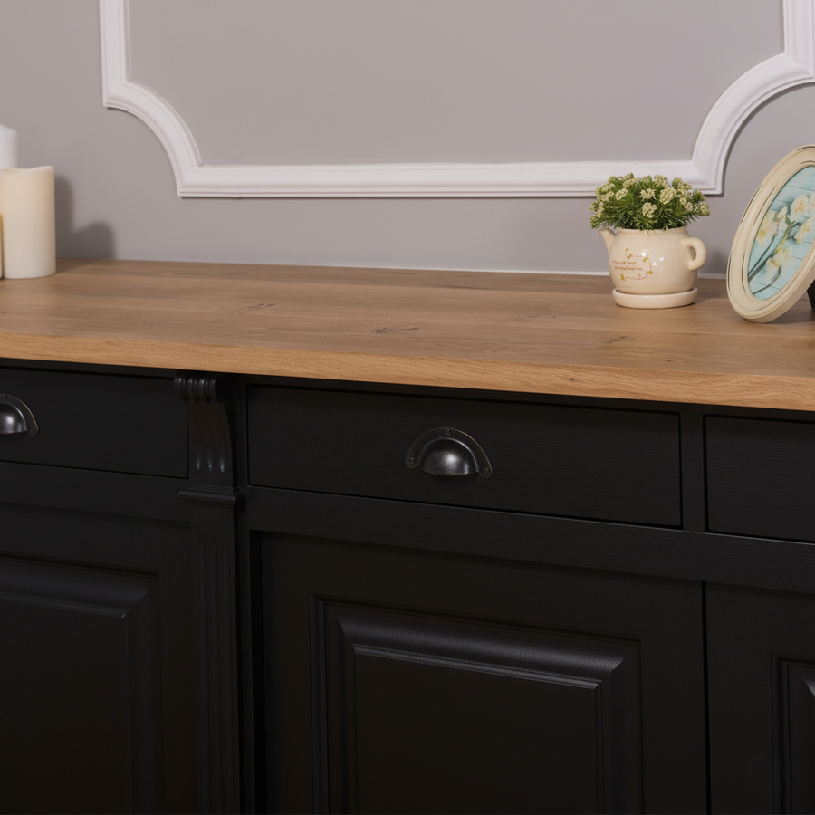 Wexford Buffet bas – Massif Chêne Top and Noir Base | Classique 4-Porte Armoire de rangement