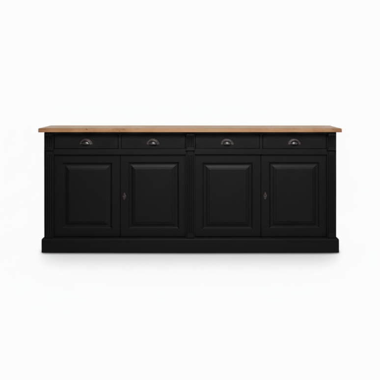 Wexford Buffet bas – Massif Chêne Top and Noir Base | Classique 4-Porte Armoire de rangement