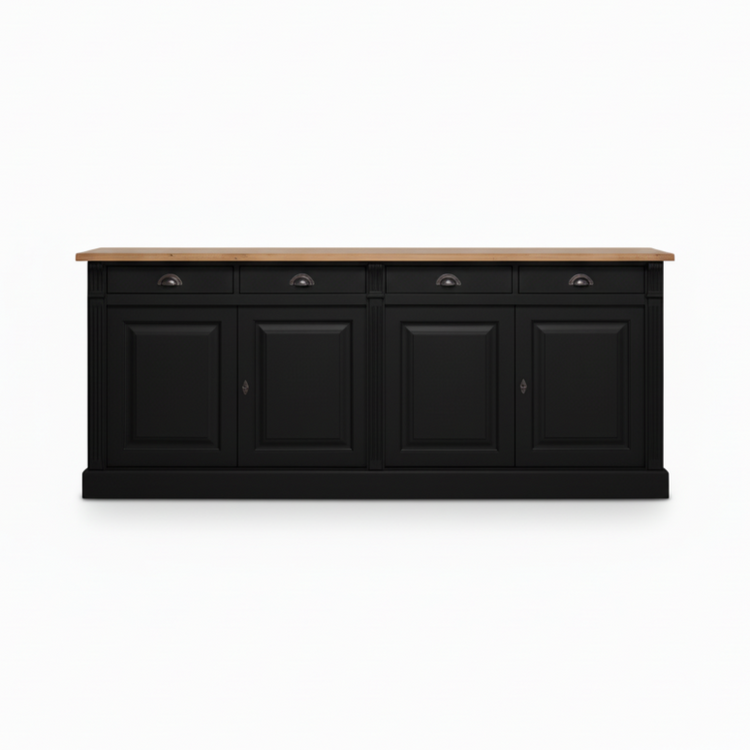 Wexford Sideboard – Solid Oak Top and Black Base | Classic 4-Door Storage Cabinet | Marcottestyle