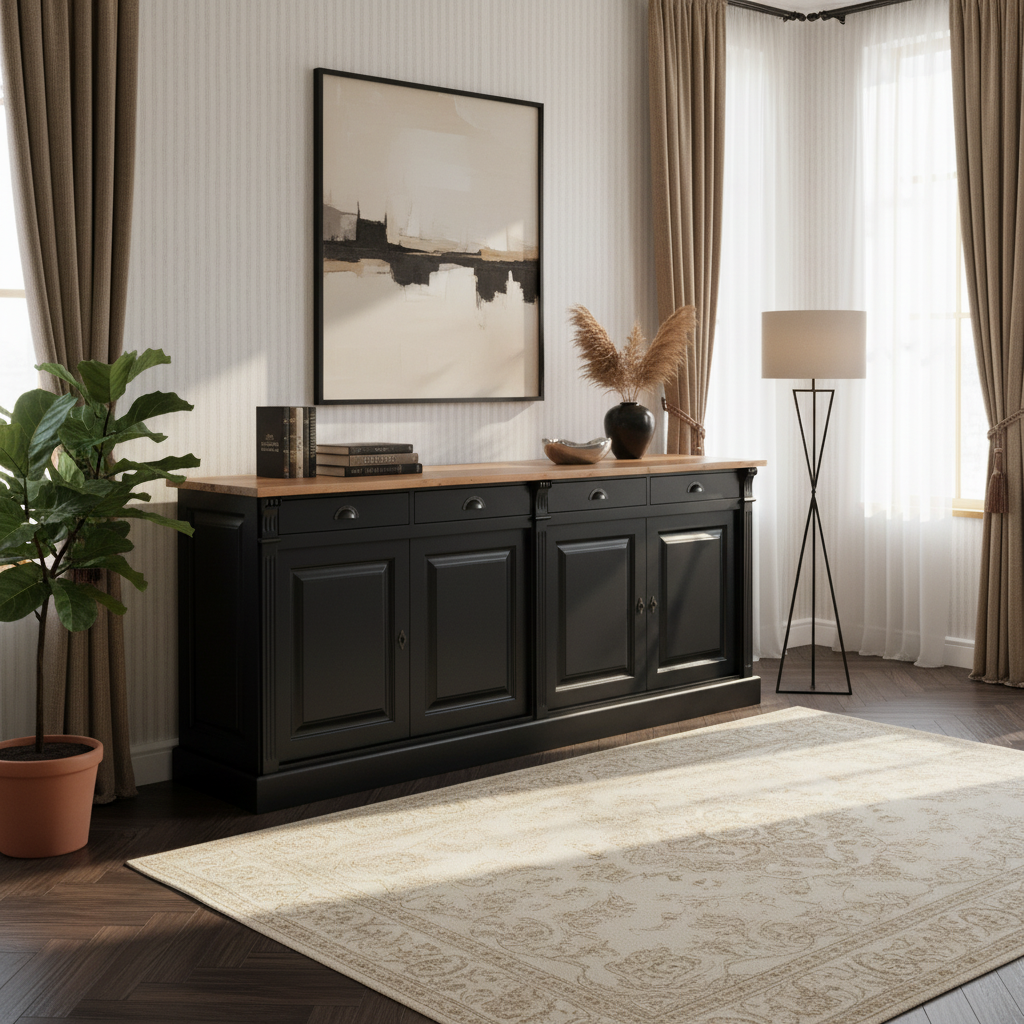 Wexford Buffet bas – Massif Chêne Top and Noir Base | Classique 4-Porte Armoire de rangement