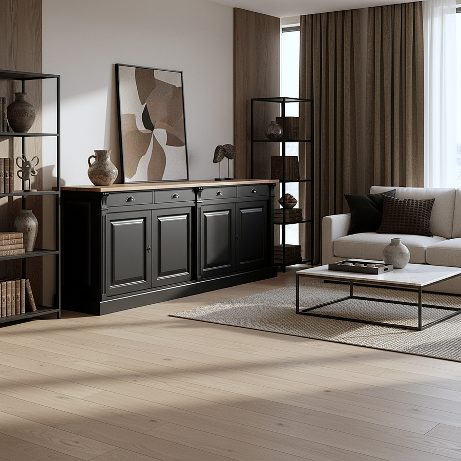 Wexford Buffet bas – Massif Chêne Top and Noir Base | Classique 4-Porte Armoire de rangement