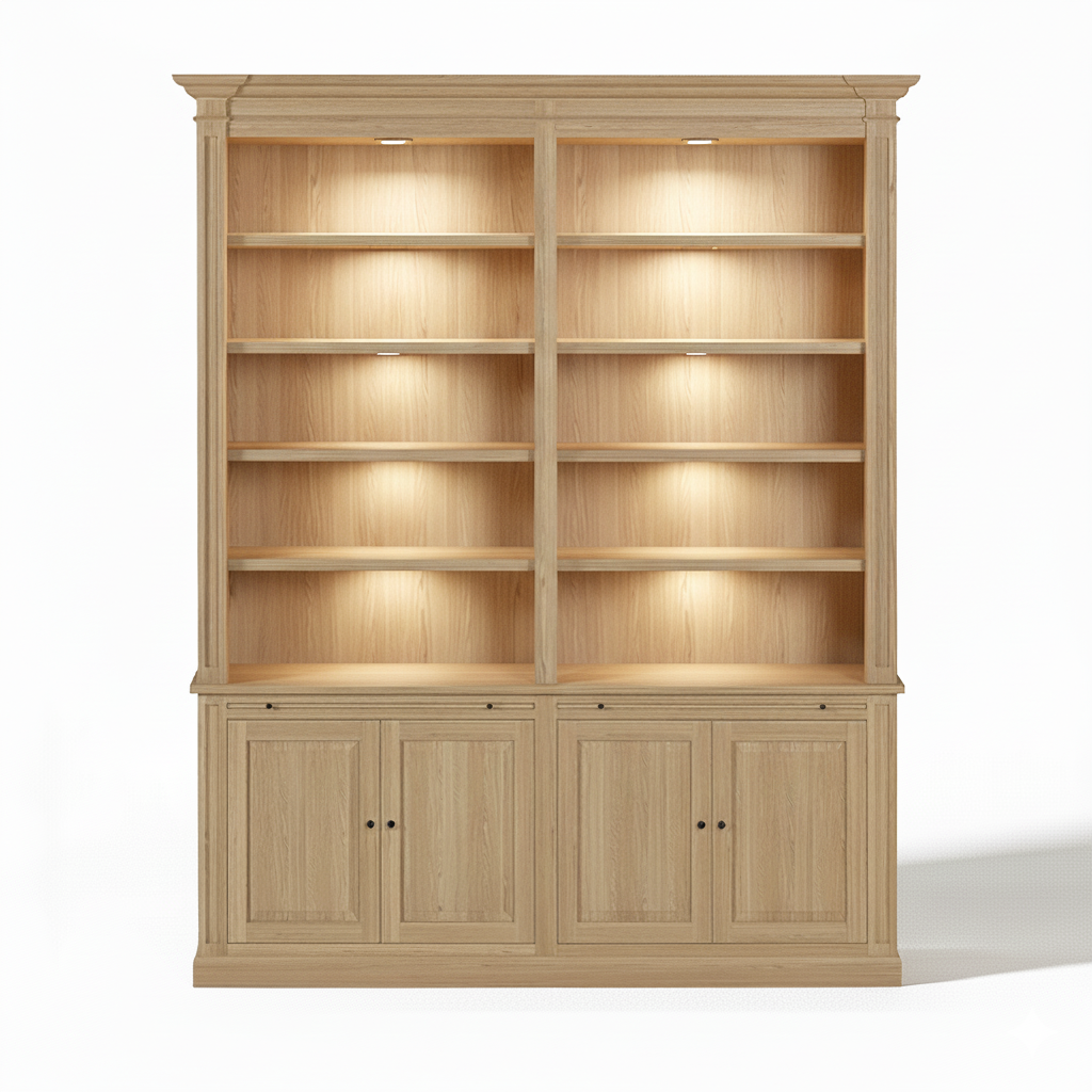 Loire Double Bookcase – Solid Natural Oak Classic Open 4-Door Storage Unit | Marcottestyle