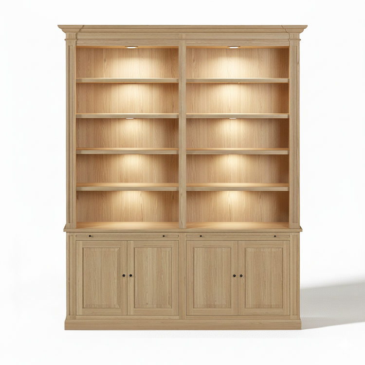 Loire Double Bookcase – Solid Natural Oak Classic Open 4-Door Storage Unit | Marcottestyle