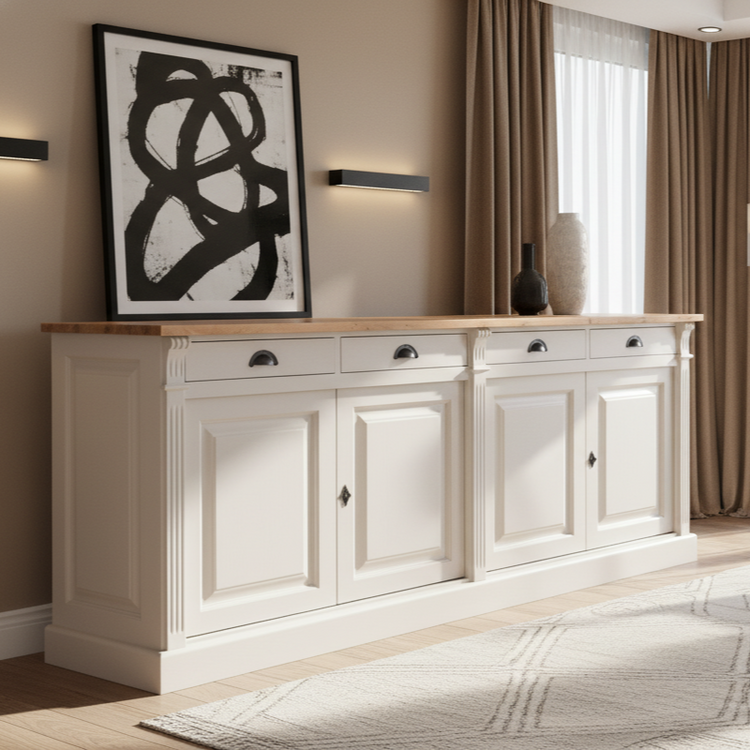 Wexford Sideboard – Solid Oak Top and White Base | Classic 4-Door Storage Cabinet | Marcottestyle