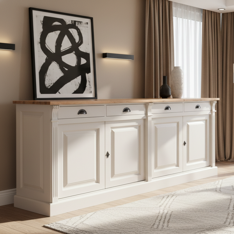 Wexford Sideboard – Solid Oak Top and White Base | Classic 4-Door Storage Cabinet - View 2