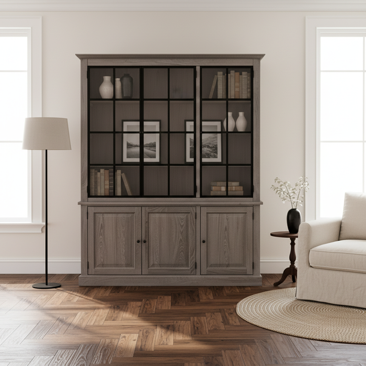 Wexford Display Cabinet - Dark Grey Oak with 3 Glass Panel Doors | Marcottestyle