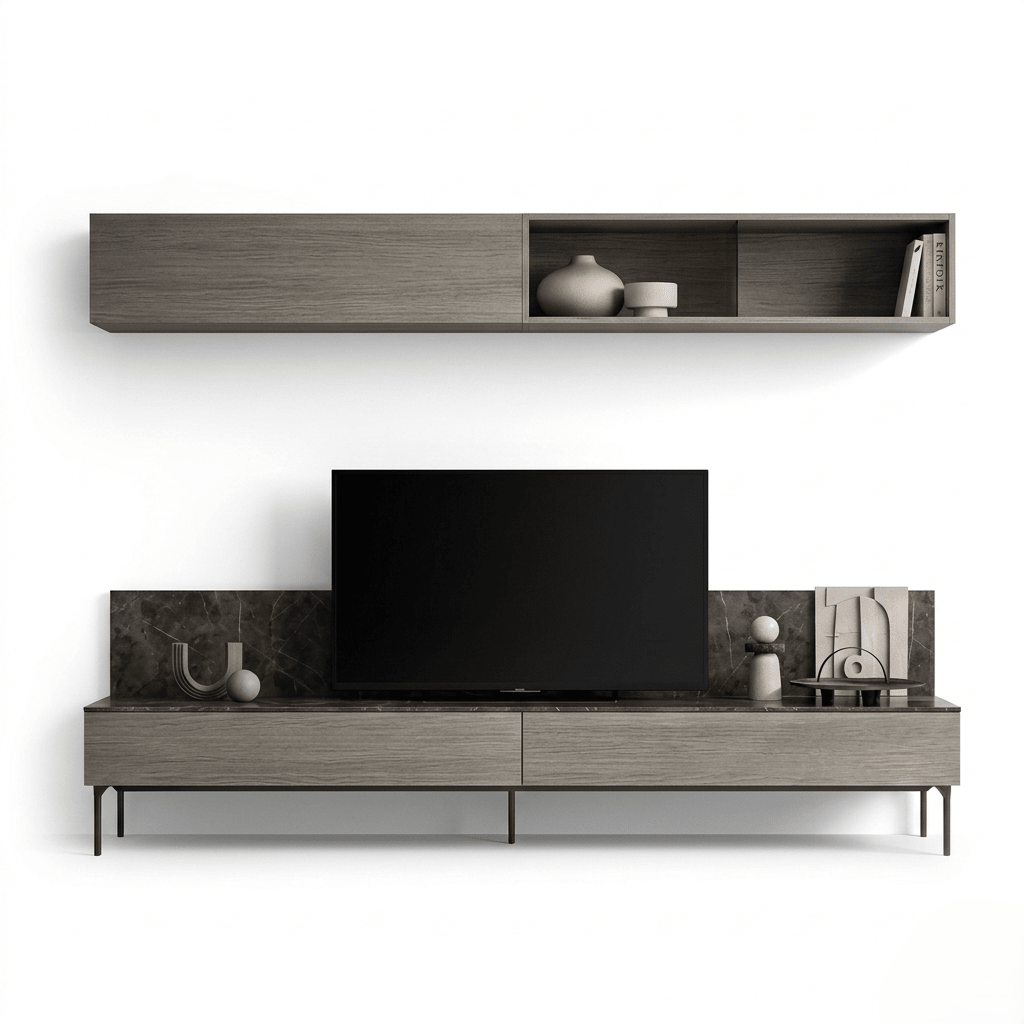 Altiero Luxury Italian TV Wall Unit | Contemporary Grey Wood Media Console with Floating Shelf - Marcottestyle Shop | Marcottestyle