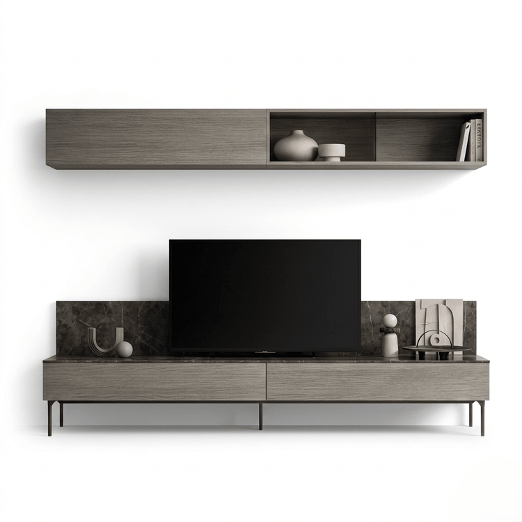 Altiero Luxury Italian TV Wall Unit | Contemporary Grey Wood Media Console with Floating Shelf - Marcottestyle Shop | Marcottestyle
