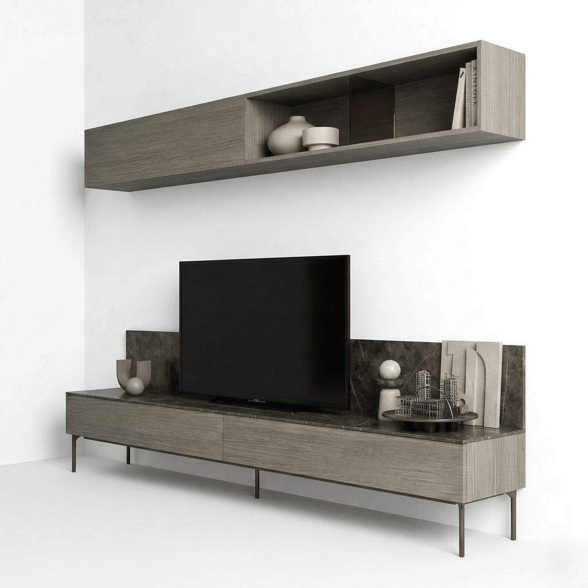 Altiero Luxury Italian TV Wall Unit | Contemporary Grey Wood Media Console with Floating Shelf - Marcottestyle Shop | Marcottestyle