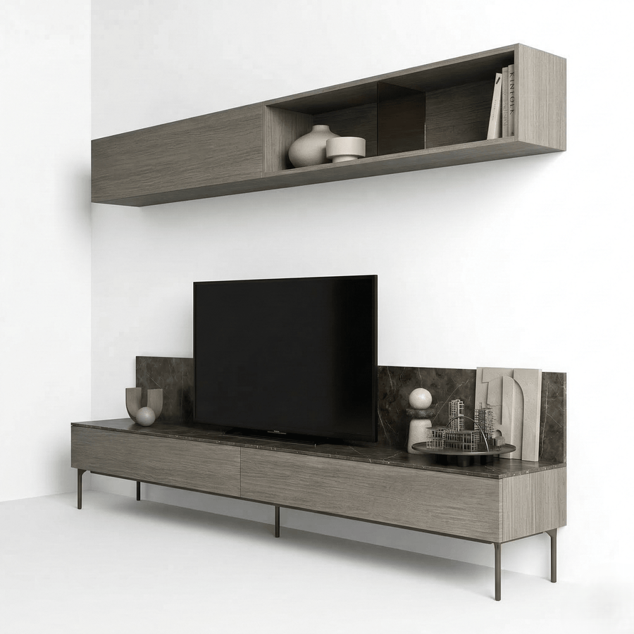 Altiero Luxury Italian TV Wall Unit | Contemporary Grey Wood Media Console with Floating Shelf - Marcottestyle Shop
