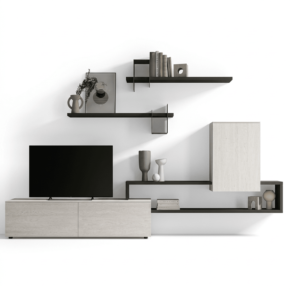 Ardesia Modern Italian TV Wall Unit | Floating Media Console with Metal Designer Shelves