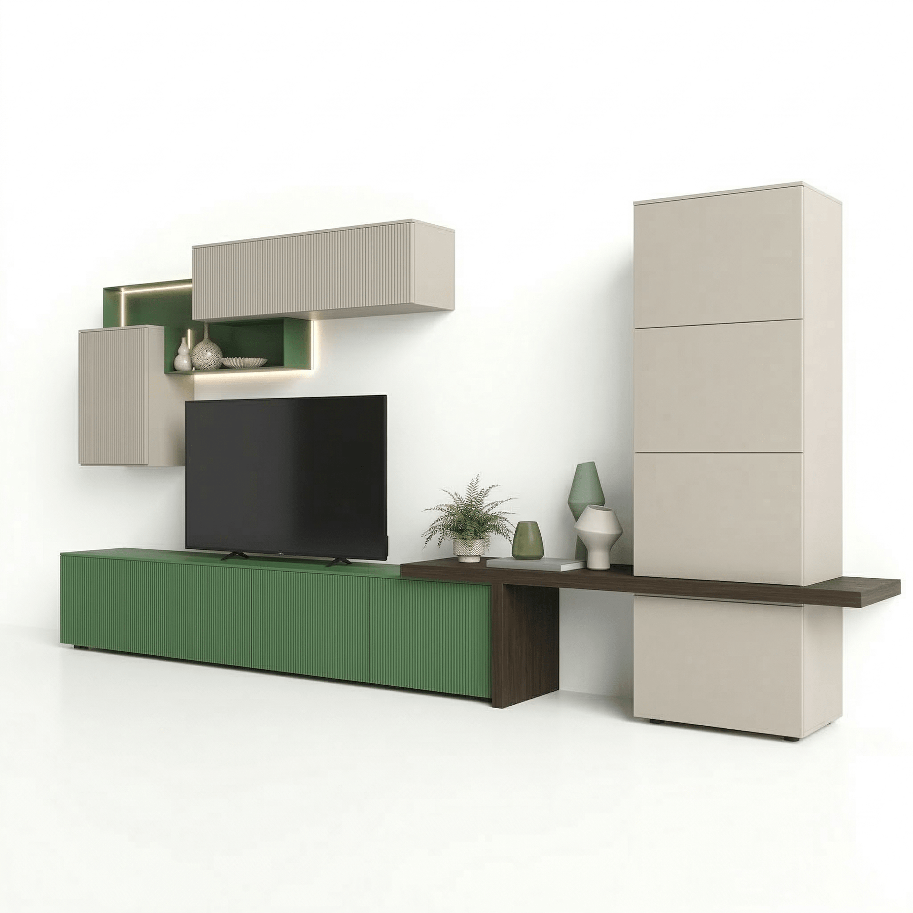 Ardovino Luxury Italienisch TV Wandregal | Modern Schwebend Entertainment System mit Ribbed Grün Konsole - Marcottestyle Shop