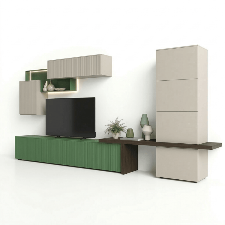 Ardovino Luxury Italian TV Wall Unit | Modern Floating Entertainment System with Ribbed Green Console - Marcottestyle Shop | Marcottestyle