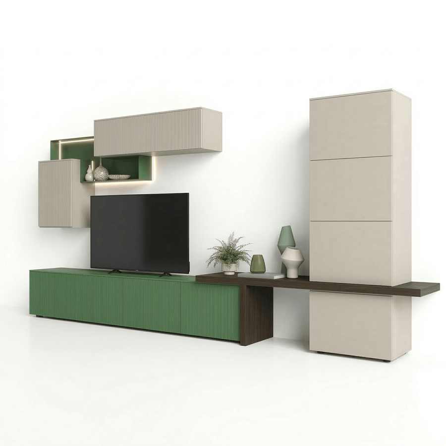 Ardovino Luxury Italienisch TV Wandregal | Modern Schwebend Entertainment System mit Ribbed Grün Konsole - Marcottestyle Shop