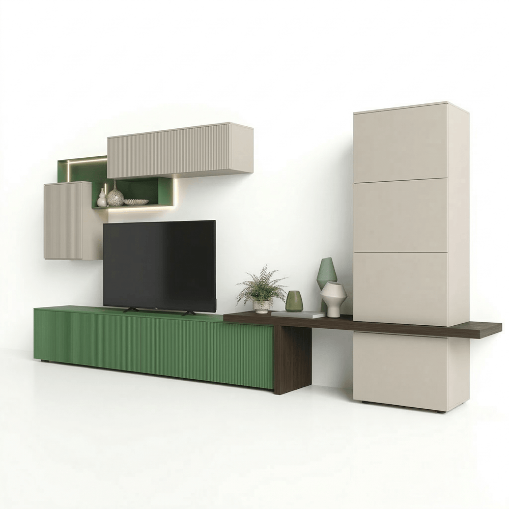 Ardovino Luxury Italian TV Wall Unit | Modern Floating Entertainment System with Ribbed Green Console - View 2