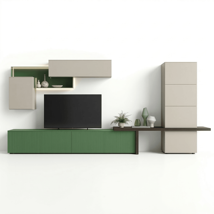 Ardovino Luxury Italian TV Wall Unit | Modern Floating Entertainment System with Ribbed Green Console - Marcottestyle Shop | Marcottestyle