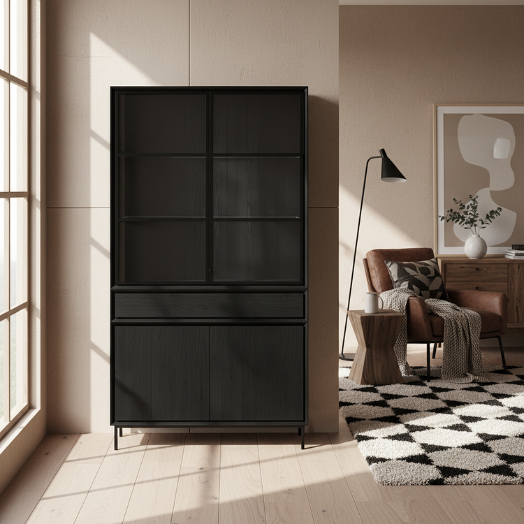 Navarre Small Showcase Cabinet - Black with Glass Display | Marcottestyle