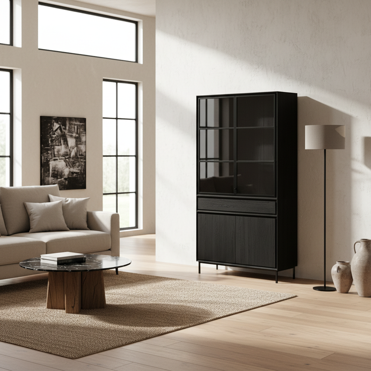 Navarre Small Showcase Cabinet - Black with Glass Display | Marcottestyle