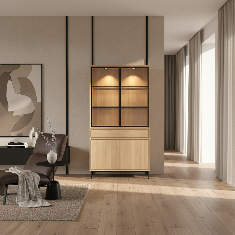 Navarre Small Showcase Cabinet - Solid Natural Oak with Glass Display | Marcottestyle