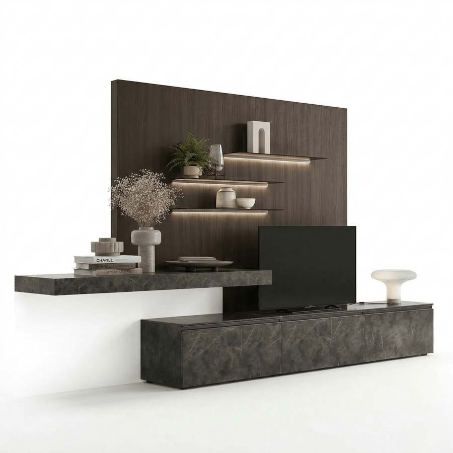 Aurevino Luxe Italian TV Wall Unit | Designer Media Sidetafel with Illuminated Display Shelves - Marcottestyle Shop