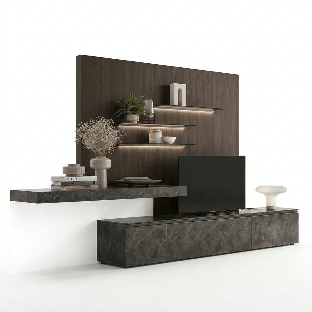 Aurevino Luxury Italian TV Wall Unit | Designer Media Console with Illuminated Display Shelves - View 2