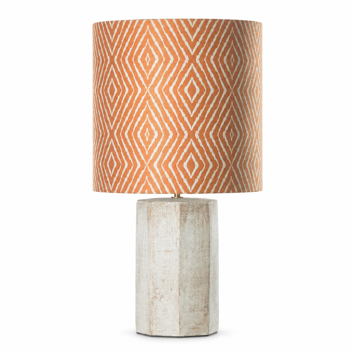 Table Lamp Aurora 7768L in cream with woven geometric diamond pattern shade on stone-finish base, front studio view on white background by Marcottestyle