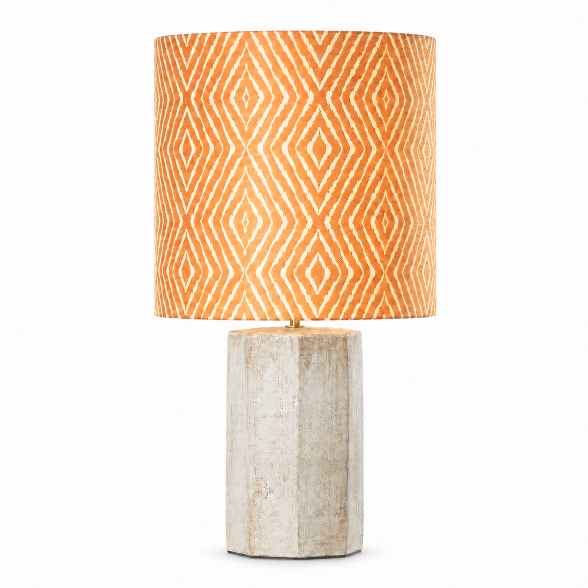 Table Lamp Aurora 7768L cream with lamp turned on showing warm glow through woven diamond fabric shade, front view on white background by Marcottestyle